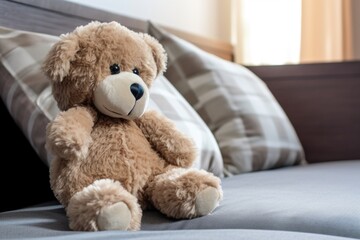 a stuffed animal propped against a pillow - obrazy, fototapety, plakaty