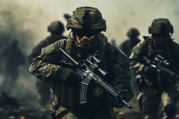 Fototapeta premium Soldiers in Combat Gear Advancing Cautiously in the Field