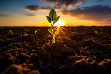 green sprout coming out of the ground with the sunset sun in the background - obrazy, fototapety, plakaty