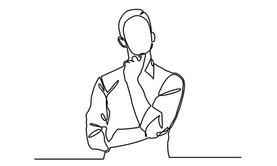 Continuous line drawings of a young man thinking.worried man thinking problem about businessman
confused vector illustration. one line drawing of a thinking man. 