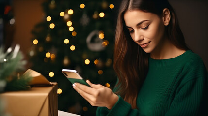 Young woman in green sweater orders New Year's gifts during Christmas holidays at home using smartphone and credit card