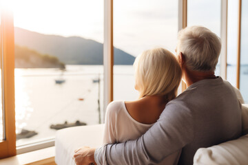 mature couple with their backs to each other sitting on a sofa looking out of a window at the sea at sunset
