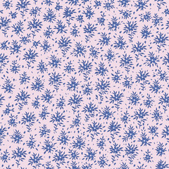 Botanical pattern of flowers and leaves on a pink background. A pattern of blue flowers and leaves. Seamless vector illustration.