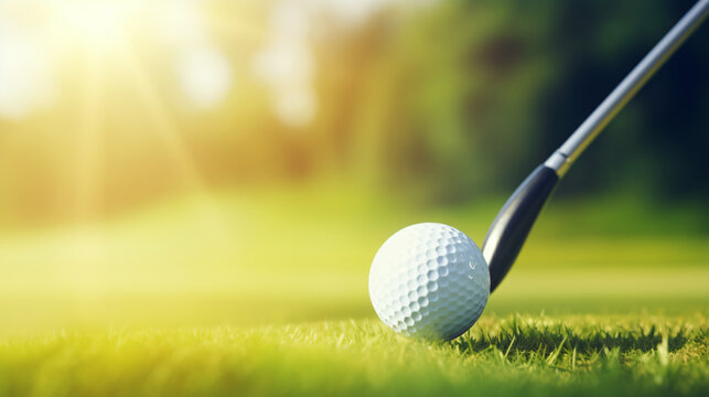 Golf club and golf ball on green grass background.