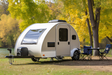 mini caravan in a park with trees and some camping chairs next to it