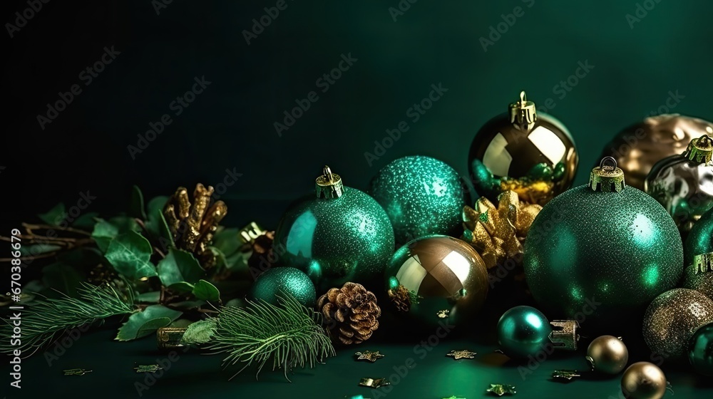 Poster christmas background with blank green christmas elements design for text space, christmas ball with 