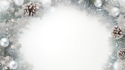 Merry Christmas wreath made of white and silver decorated fir trees, sparkles and confetti on white background.