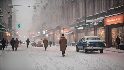 City street during a snowstorm, A bustling city street covered in a thick blanket of snow during a snowstorm, the chaos and beauty of urban life amidst the winter weather, generative Ai