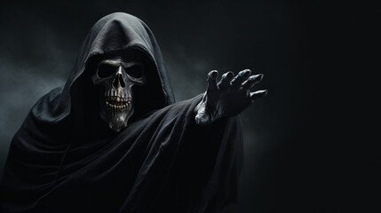Grim Reaper reaching towards the camera over dark background.
