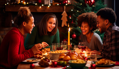 Holidays, celebration and people concept. Happy multi-ethnic friends having Christmas dinner at home