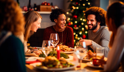 Holidays, celebration and people concept. Happy multi-ethnic friends having Christmas dinner at home