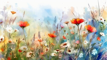 multicolored wildflowers watercolor field drawing summer. - obrazy, fototapety, plakaty