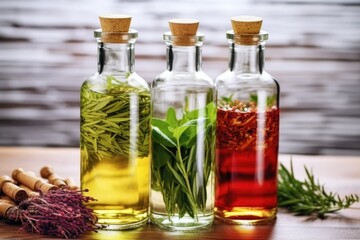 gin bottle between separate containers of different botanicals - obrazy, fototapety, plakaty