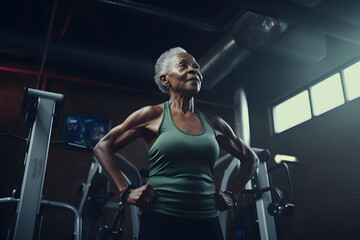 Fototapeta na wymiar Athletic elderly muscular woman in gym before workout