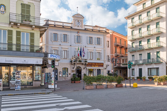 Stresa, Italy. Town hall in Stresa, a famous tourist town on the shores of Lake Maggiore, square Matteotti, Piedmont region  