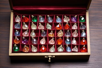 glass earrings laid out neatly in a box