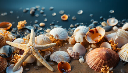 An intricate display of sea treasures with a prominent starfish, variegated shells, pebbles, and vibrant coral on a teal backdrop