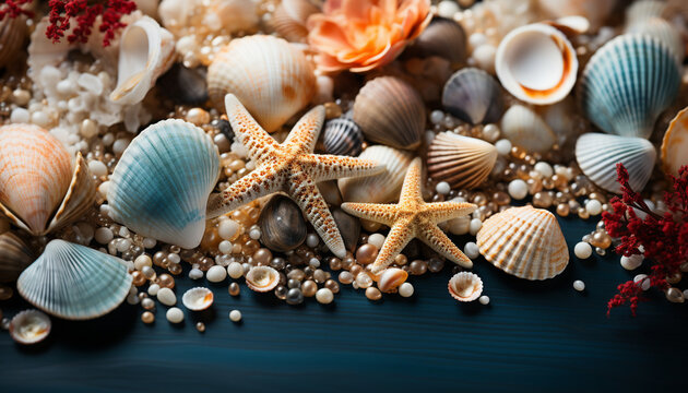 An intricate display of sea treasures with a prominent starfish, variegated shells, pebbles, and vibrant coral on a teal backdrop