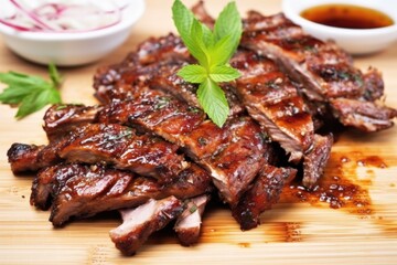 spicy glazed pork ribs over a marbled white surface