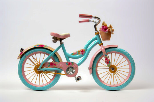 Toy bike with basket of flowers on the front wheel.