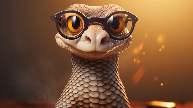 Snake or cobra, wearing pair of glasses. Smart animals, intellectual and sophisticated with its eyewear. Evil teacher symbol as cute reptile.