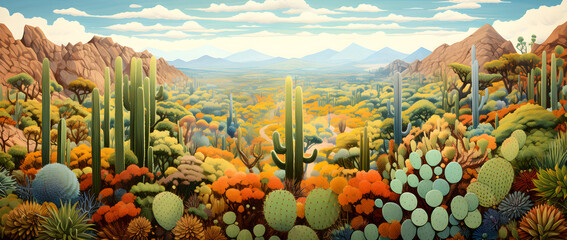 landscape illustration of the desert environment, cacti, desert trees, nature landscape background - obrazy, fototapety, plakaty