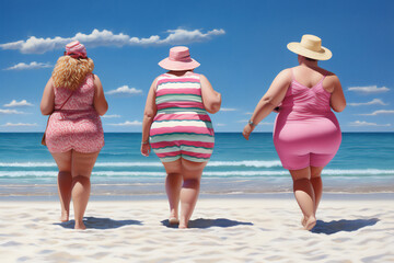 three fat women standing with their backs to each other on the beach on a sunny day with the sea in the background