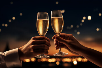 hands with champagne glasses toasting with defocused background lights - obrazy, fototapety, plakaty