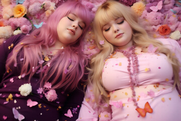 Fototapeta premium image from above of two chubby girls lying among flower petals in pink tones