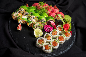 sushi set on the black background