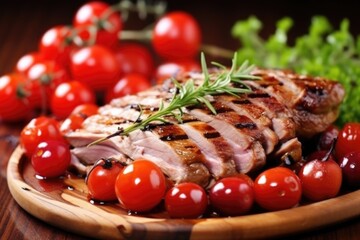 a close view of grilled duck with cherry tomatoes around