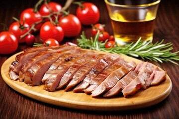 grilled duck cut into thin slices, placed in a row