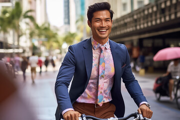 A portrait shot of a smiling Asian man in a brown, navy blue suit and black tie, wearing a black backpack, riding a bicycle in the blurry crowded city background to office. Generative AI. - obrazy, fototapety, plakaty