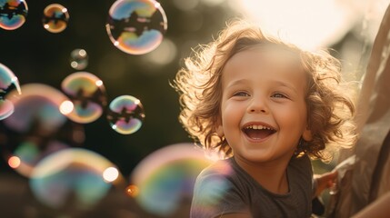 Little boy playing with bubbles, AI generated Image
