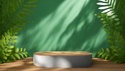 a 3d podium awash in leafy shadows and green hues. 3d wooden podium display with leaf shadows and luxuriant green background. generative ai