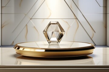 Diamond-shaped geometric minimal scene with a podium for presenting cosmetic items, emphasizing luxury and sophistication, Generative AI 