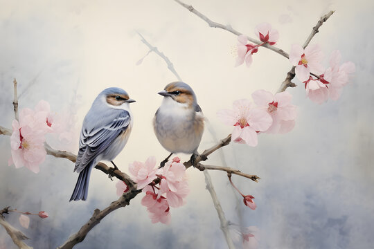 painting pattern of birds standing on tree branch with beautiful pink flowers and mountain background