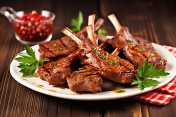Fototapeta premium glazed lamb chops served with garlic cloves and spices