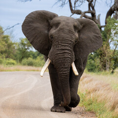 Fototapeta na wymiar a big African elephant bull on the road
