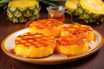 few grilled pineapple slices covered with caramel sauce