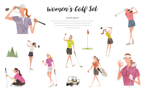 ベクターイラスト素材：ゴルフする女性、人物セット
