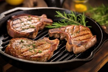 grilled chops on a cast iron skillet