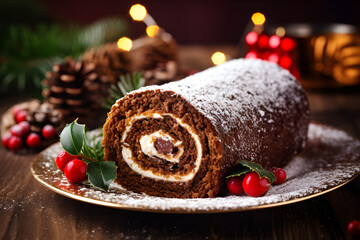 Fototapeta na wymiar Top-View Christmas Desserts: Swiss Roll Cake on Table.
