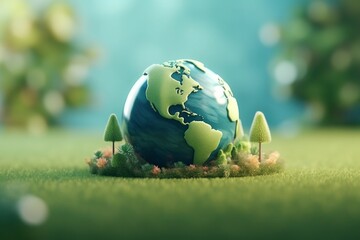 3D globe cradled in vibrant green grass, adorned with colorful flowers, against a clear blue sky backdrop.