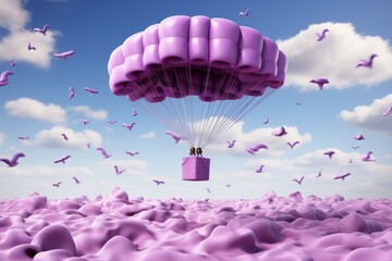 Joyful cartoon parachute gently descending with a purple gift box, surrounded by fluffy clouds, creating a heartwarming and charming scene, Generative AI