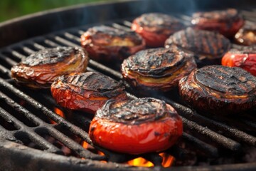 portobello mushrooms searing on a hot cast iron grill