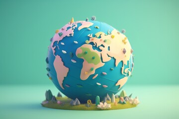 Colorful globe with miniature trees against a soft green backdrop, a journey through geography. - obrazy, fototapety, plakaty