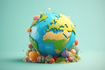 3D globe cradled in vibrant green grass, adorned with colorful flowers, against a clear blue sky backdrop.