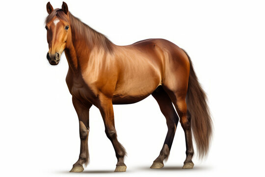 Brown horse standing on top of white background with long tail.
