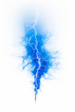 Blue and white photo of lightning bolt in the sky.